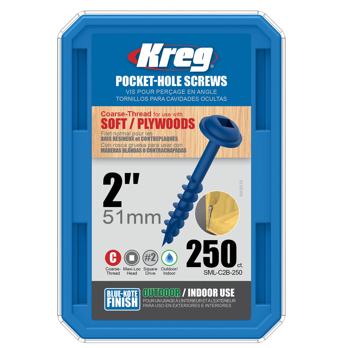 Pocket Hole Screw - #8 Coarse - Square Drive - Washer Head - Blue-Kote