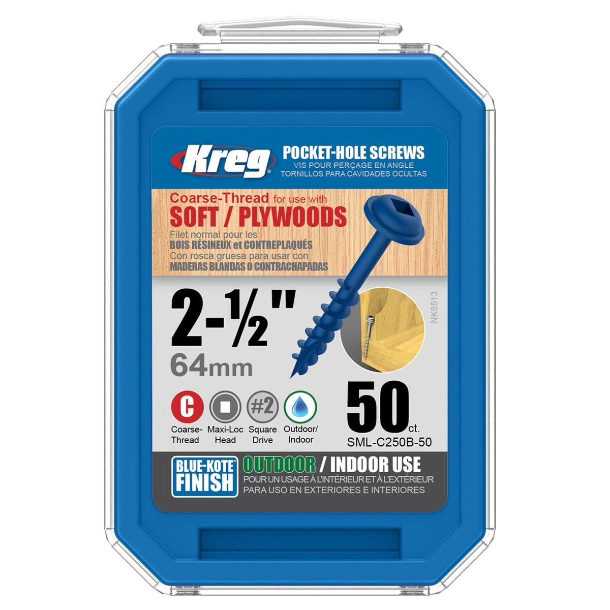 Pocket Hole Screw - #8 Coarse - Square Drive - Washer Head - Blue-Kote