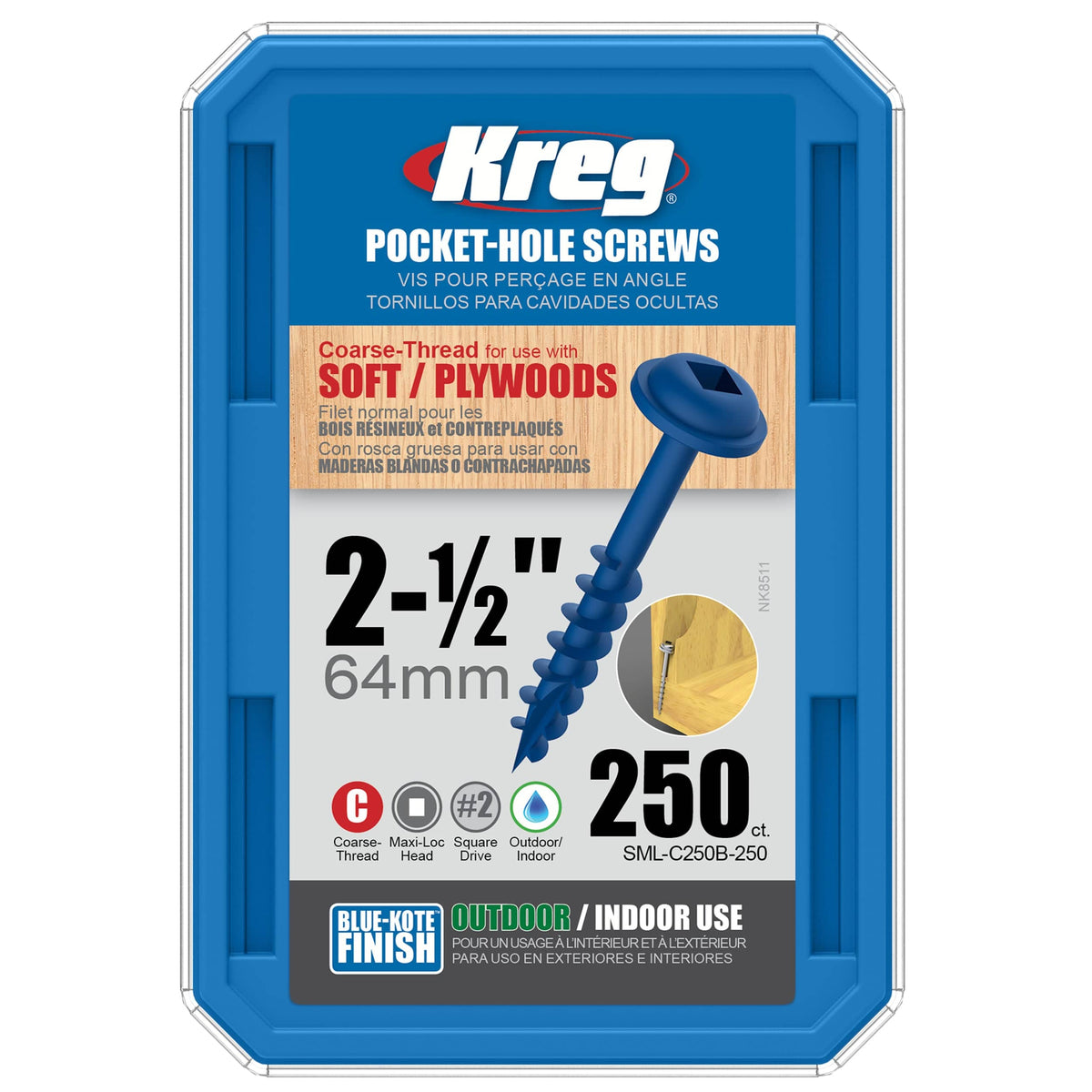 Pocket Hole Screw - #8 Coarse - Square Drive - Washer Head - Blue-Kote