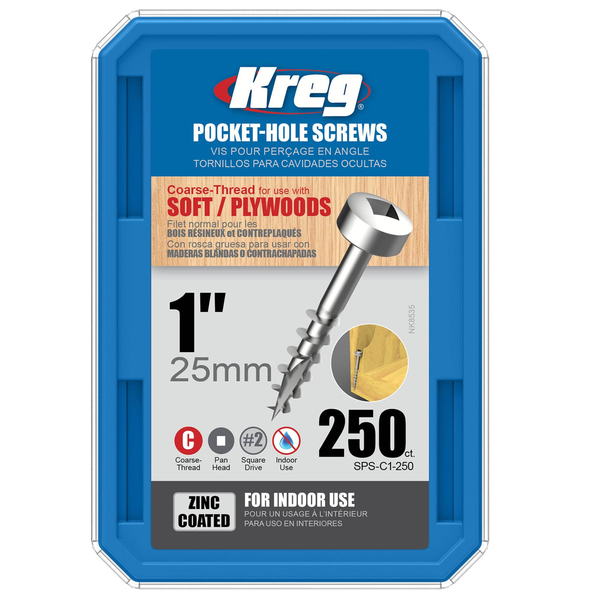 Pocket Hole Screw - #7 x 1" Coarse - Square Drive - Pan-Head - Zinc