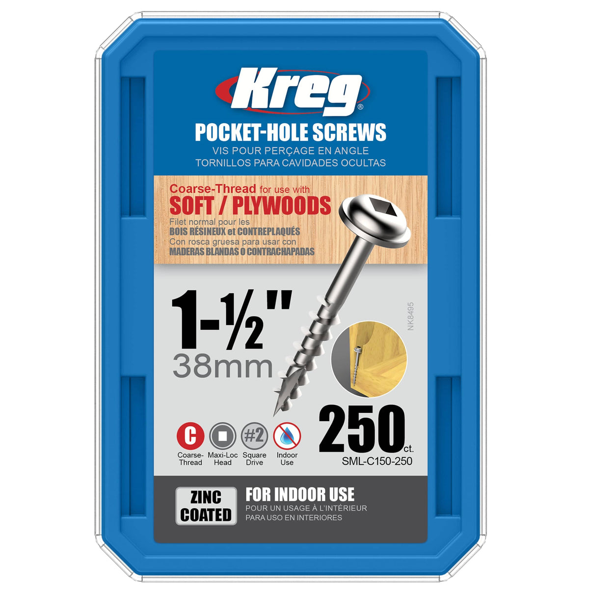Pocket Hole Screw - #8 Coarse - Square Drive - Washer Head - Zinc