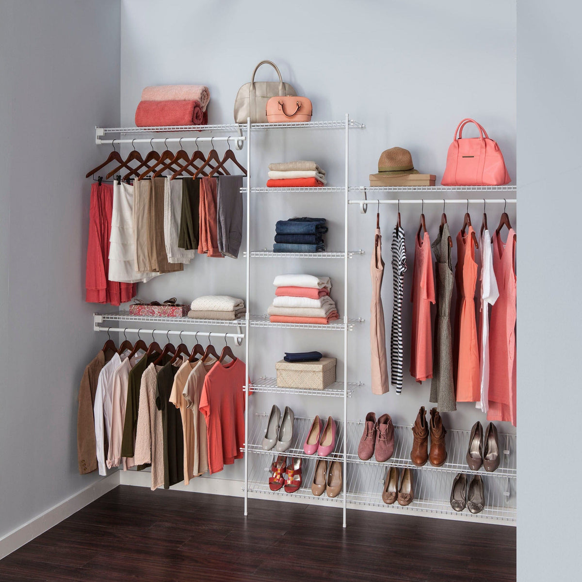 SuperSlide Closet Organizer Kit with Shoe Shelf 5' - 8' W Fixed Mount, White