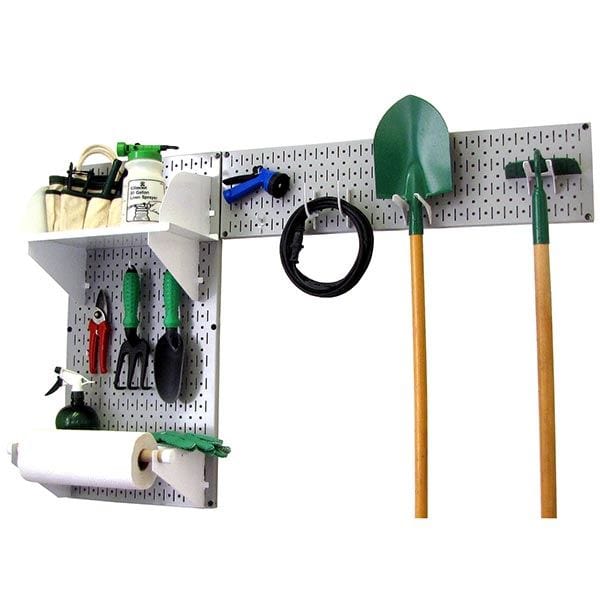 Pegboard Garden Tool Board Organizer with Gray Pegboard and White Accessories