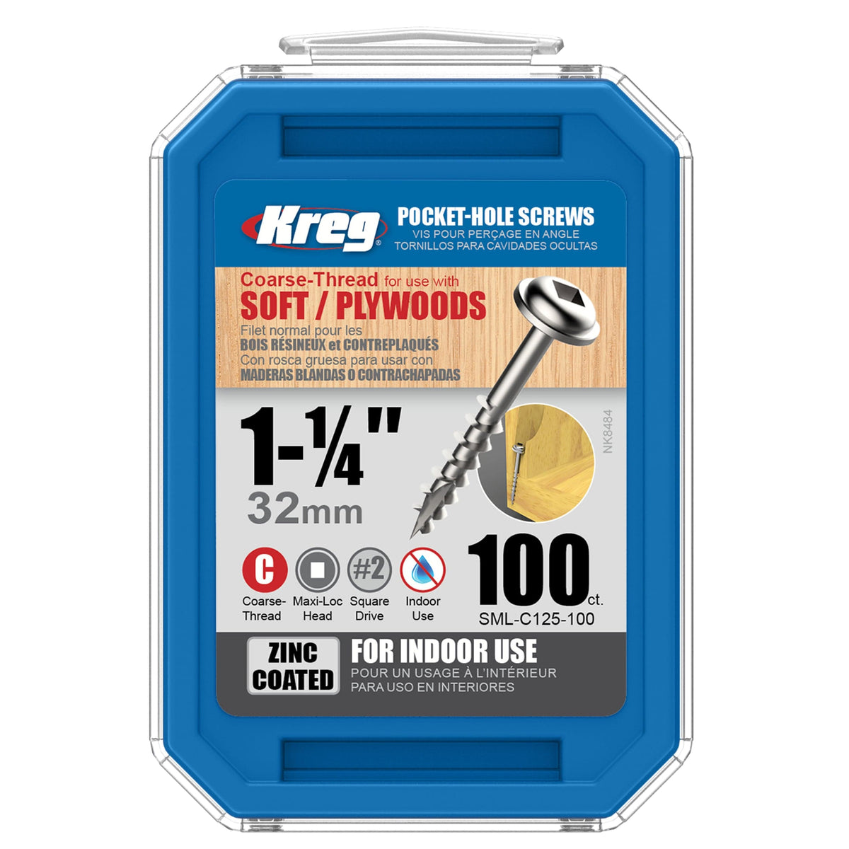 Pocket Hole Screw - #8 Coarse - Square Drive - Washer Head - Zinc
