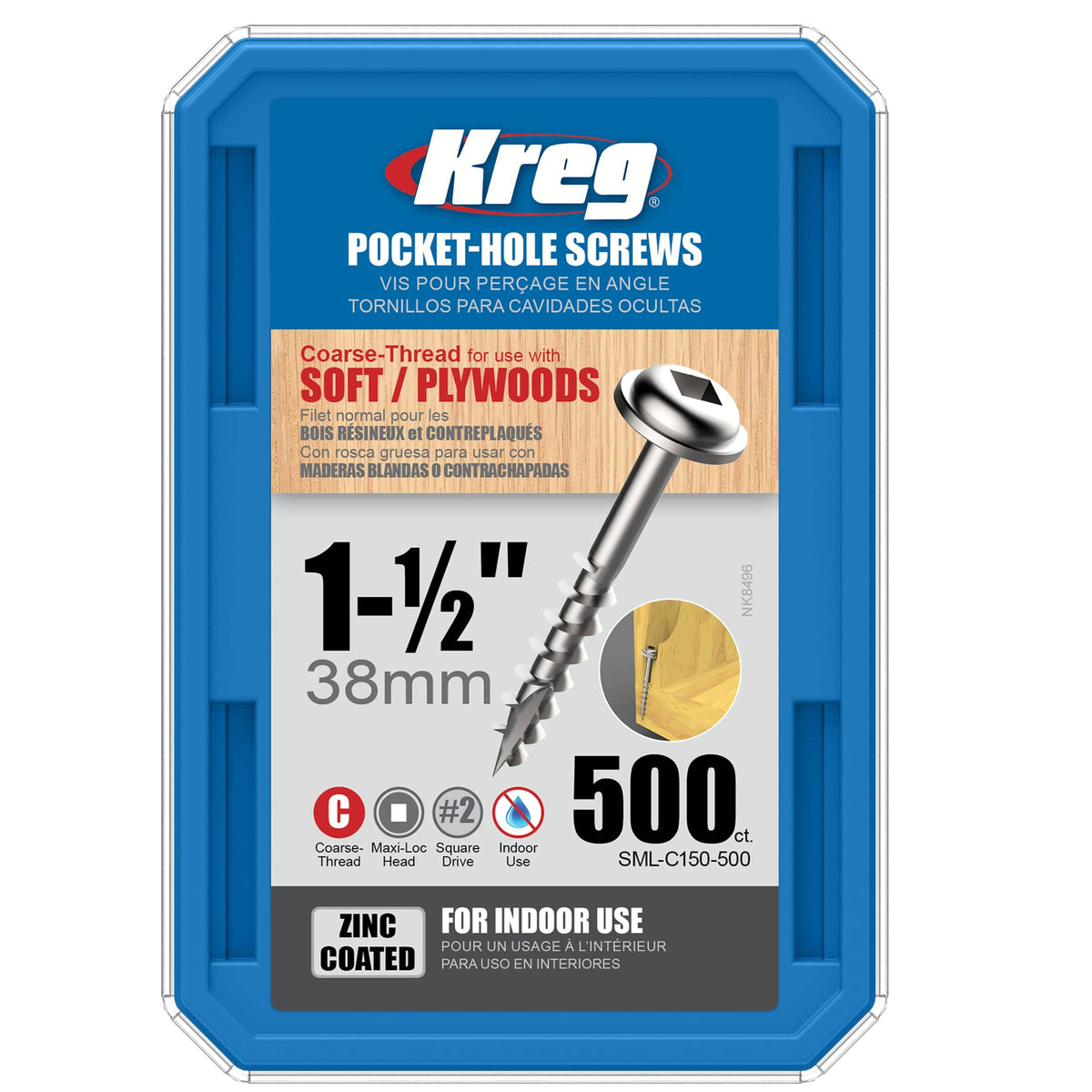 Pocket Hole Screw - #8 Coarse - Square Drive - Washer Head - Zinc