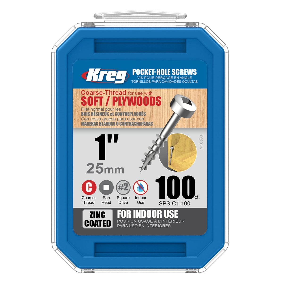 Pocket Hole Screw - #7 x 1" Coarse - Square Drive - Pan-Head - Zinc