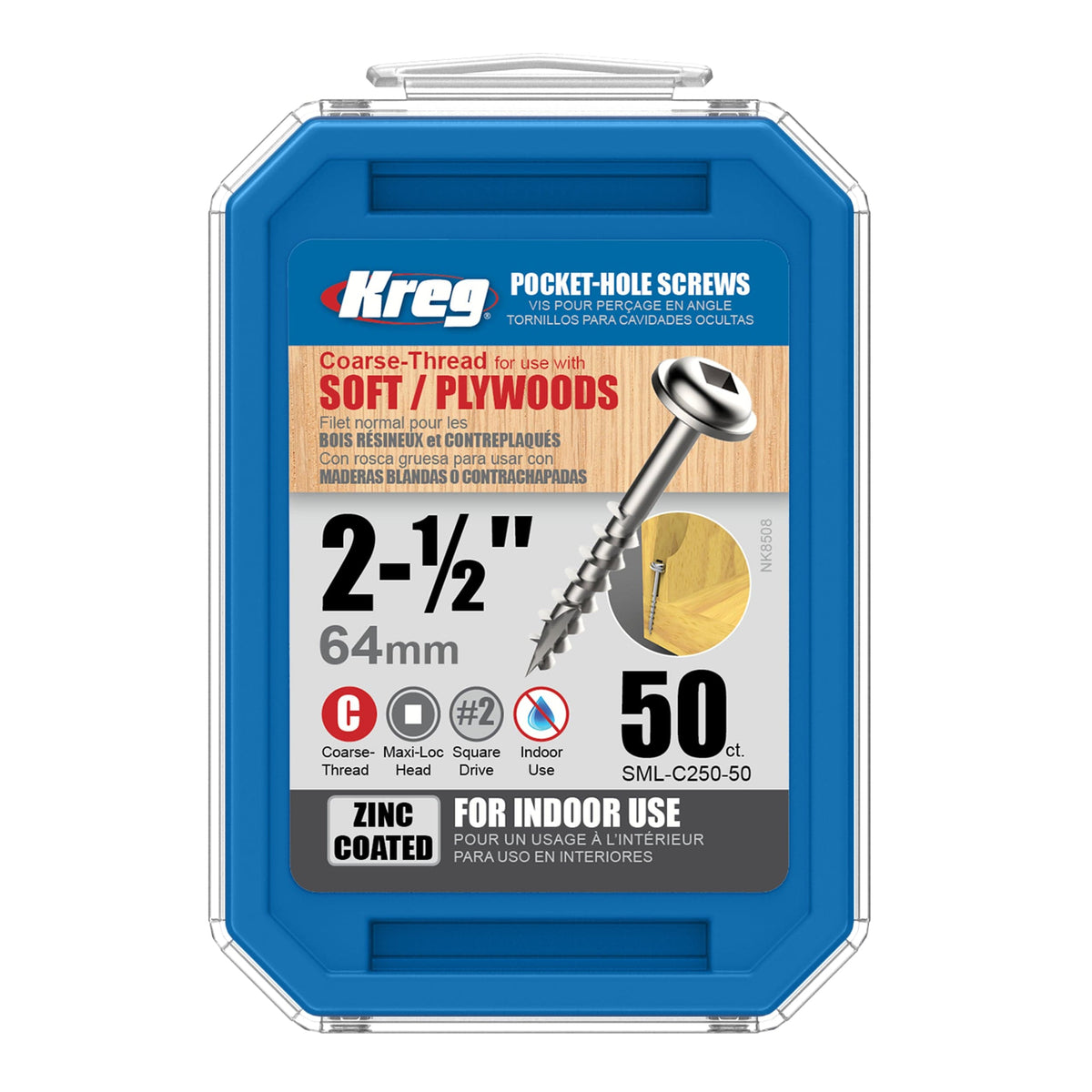 Pocket Hole Screw - #8 Coarse - Square Drive - Washer Head - Zinc