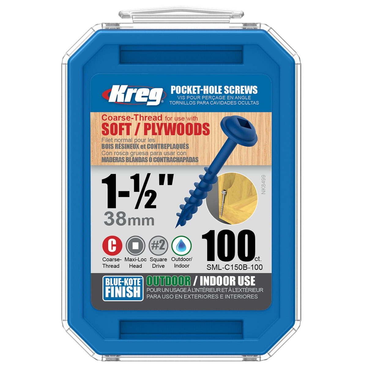 Pocket Hole Screw - #8 Coarse - Square Drive - Washer Head - Blue-Kote