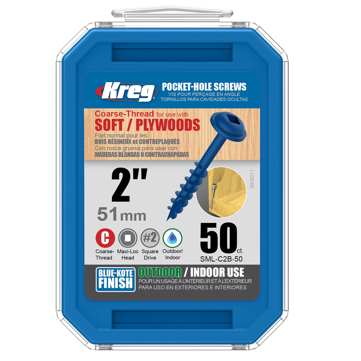 Pocket Hole Screw - #8 Coarse - Square Drive - Washer Head - Blue-Kote