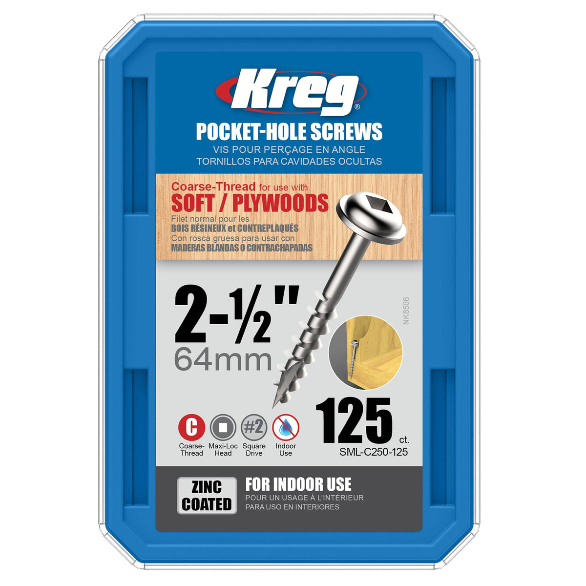 Pocket Hole Screw - #8 Coarse - Square Drive - Washer Head - Zinc