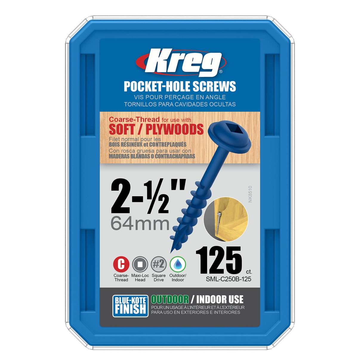 Pocket Hole Screw - #8 Coarse - Square Drive - Washer Head - Blue-Kote