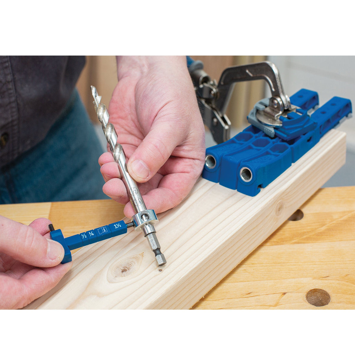 Easy-Set Pocket-Hole Drill Bit With Stop Collar And Hex Gauge