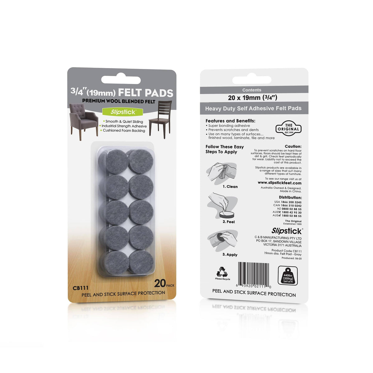 Heavy Duty Self Stick Felt Pads - 3/4" - Round - 20 Piece
