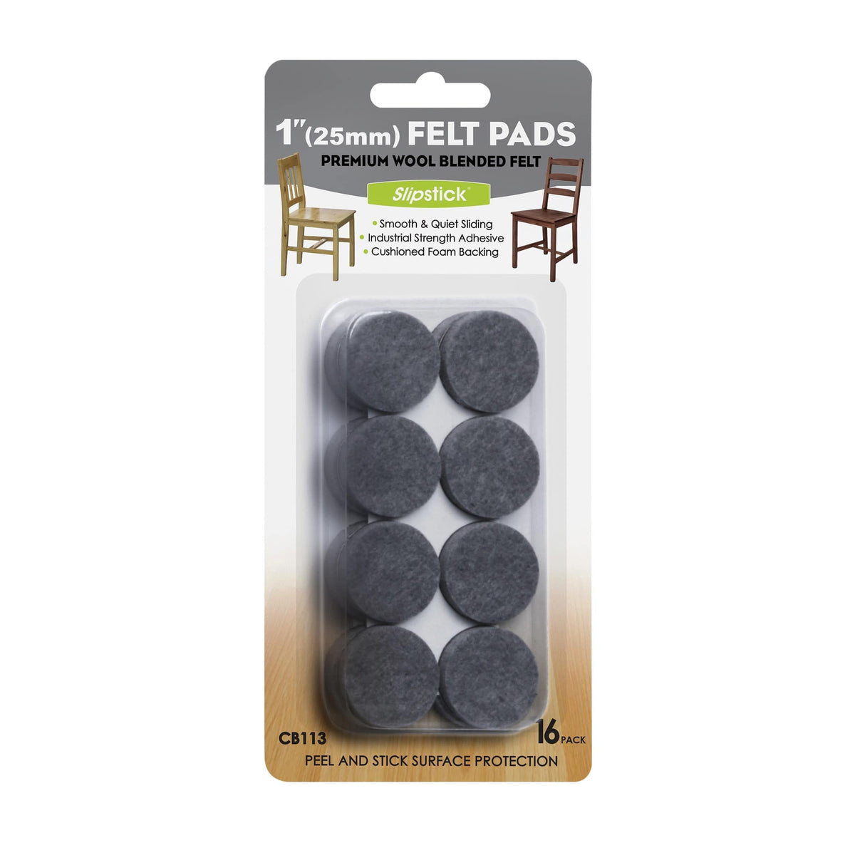 Heavy Duty Self Stick Felt Pads - 1" - Round - 16 Piece
