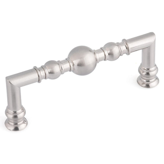 Traditional Metal Pull with Beads and Rings on Handle - 3-3/4" Center-to-Center - 4-3/8" OL - Brushed Nickel