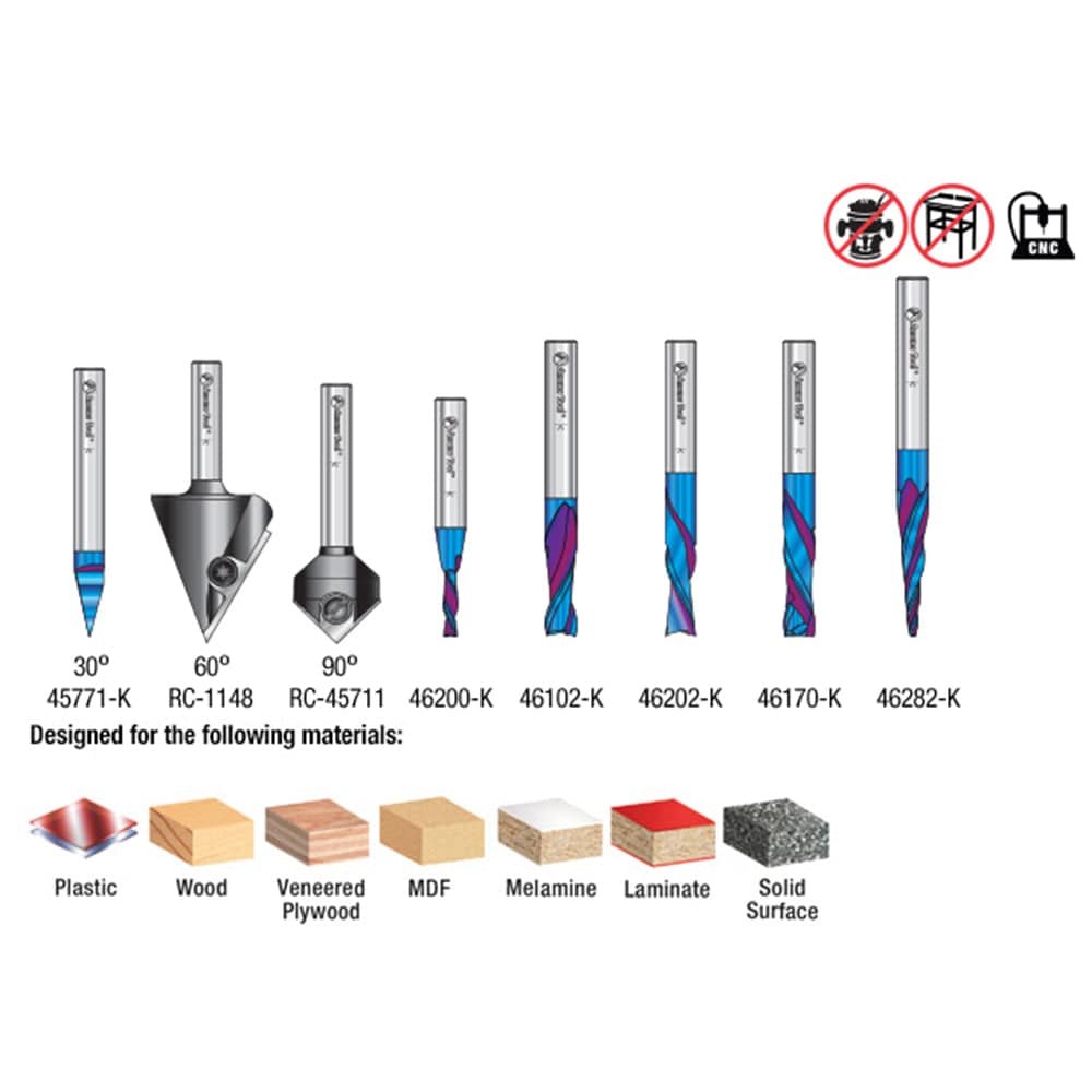 AMS-257 8-piece Spektra Industrial CNC General Purpose Router Bit Set 1/4" SH with Case