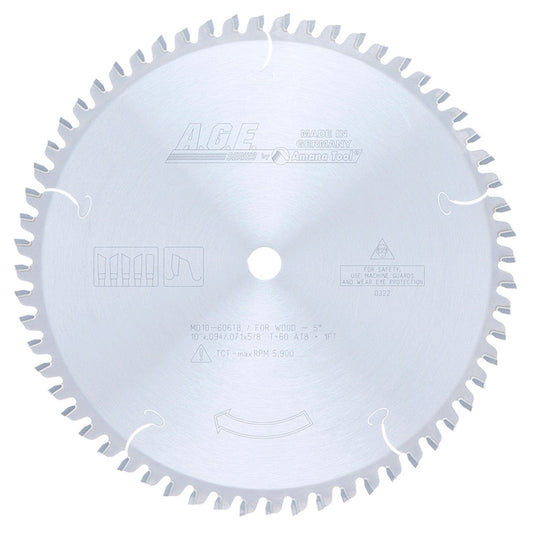 10" x 60T Carbide Tipped Thin Kerf Sliding Compound, Miter and Radial ArmBlade, Negative 5 Deg., 5/8" Bore, ATB