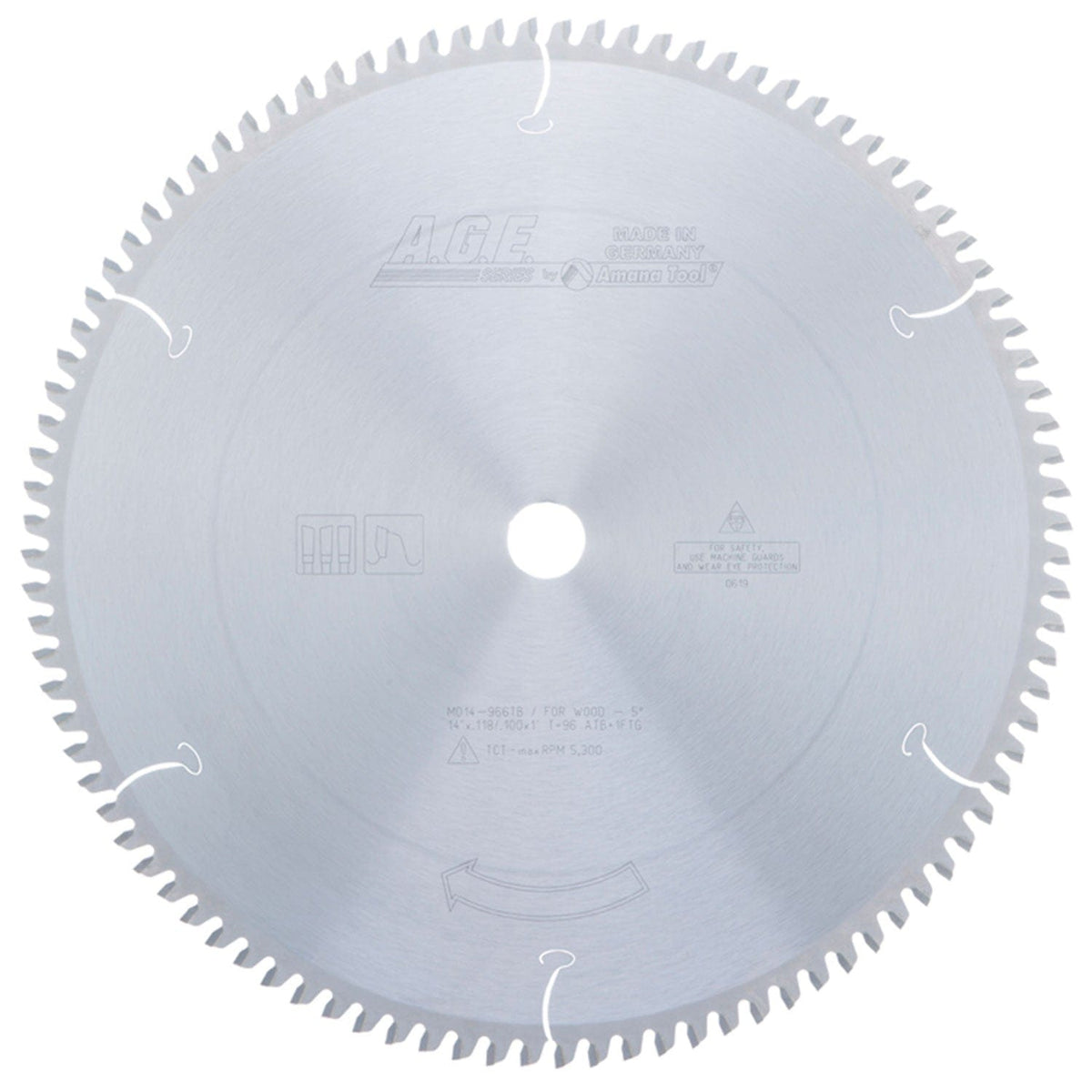14" x 96T Carbide Tipped Thin Kerf Sliding Compound, Miter and Radial Arm Blade, Neg. 5 Deg., 1" Bore, ATB