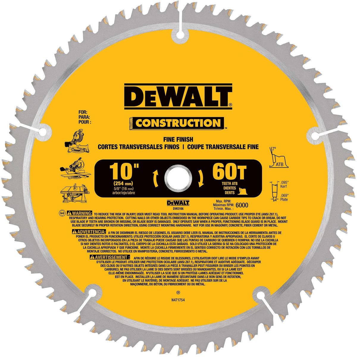 Circular Saw Blade - Construction - Fine Finish - 10" x 60 Tooth