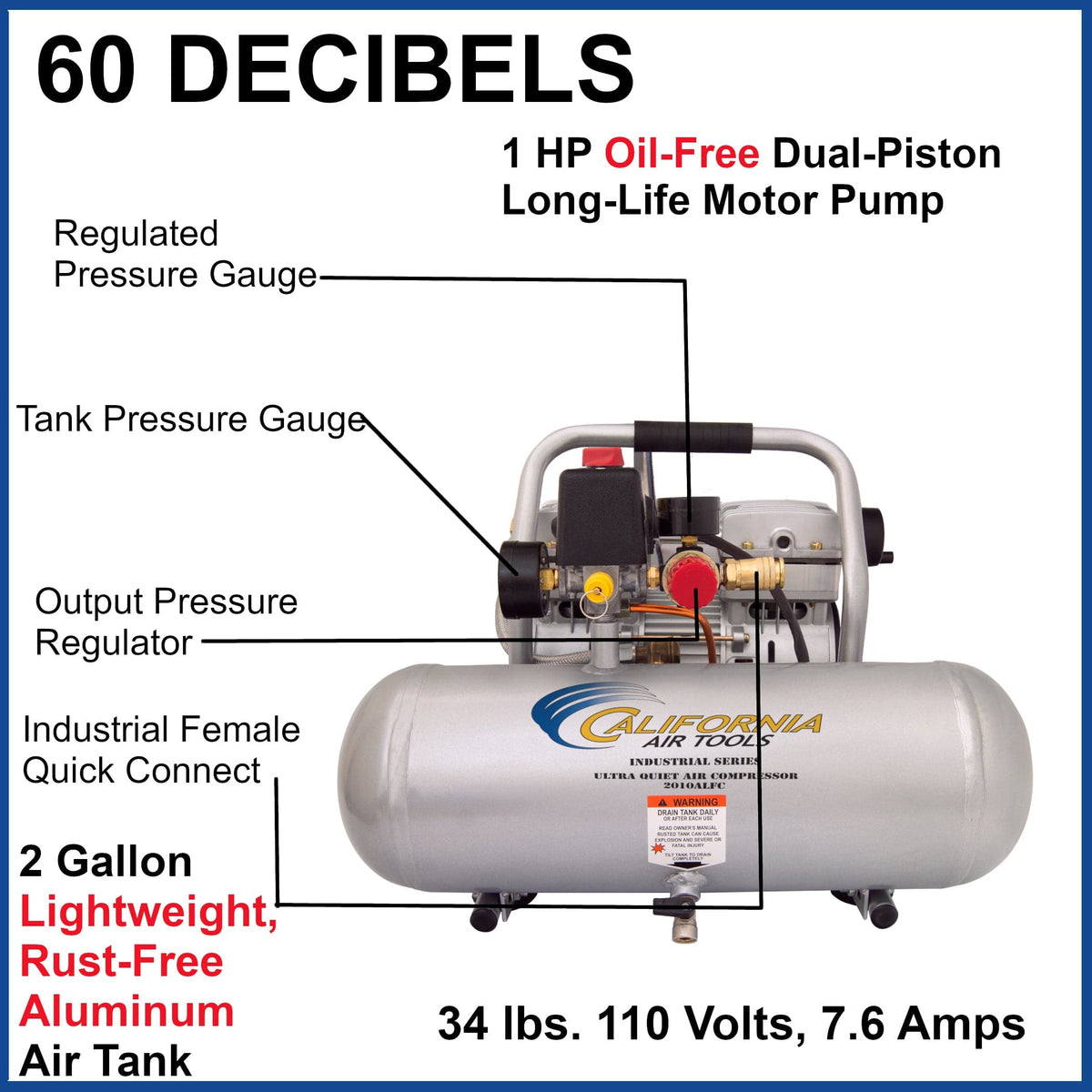 1HP 2 Gallon Aluminum Tank Air Compressor - Oil-Free