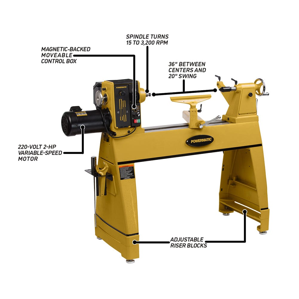 20" x 35" Woodworking Lathe with 6" Risers - 2 HP 1 Ph 220V - 3520C