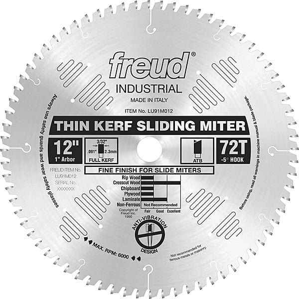 LU91M012 Sliding Compound Miter Saw Blade 12" X 1" Bore 72 Tooth Thin Kerf
