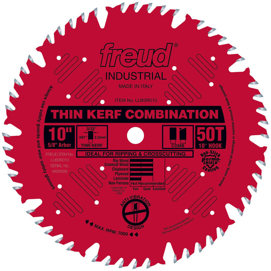 LU83R010 Finish Red Circular Saw Blade 10" x 5/8" Bore x 50 Tooth Combination Thin Kerf