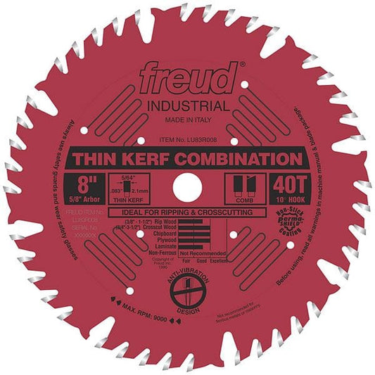 LU83R008 Industrial Thin Kerf Combination Blade with Red Perma-Shield, 8" diameter, 5/8" arbor