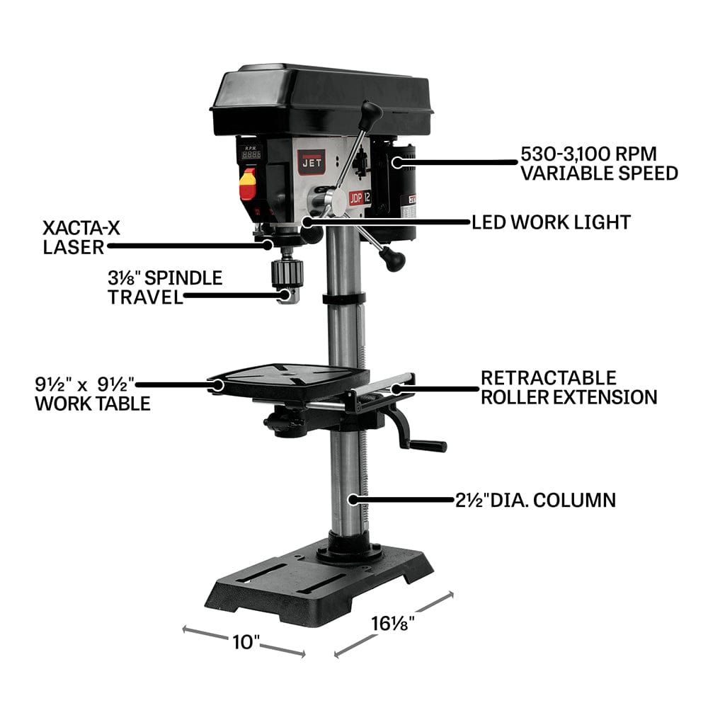 12" Benchtop Drill Press - 1/2 HP 1 Ph 115V - JWDP-12